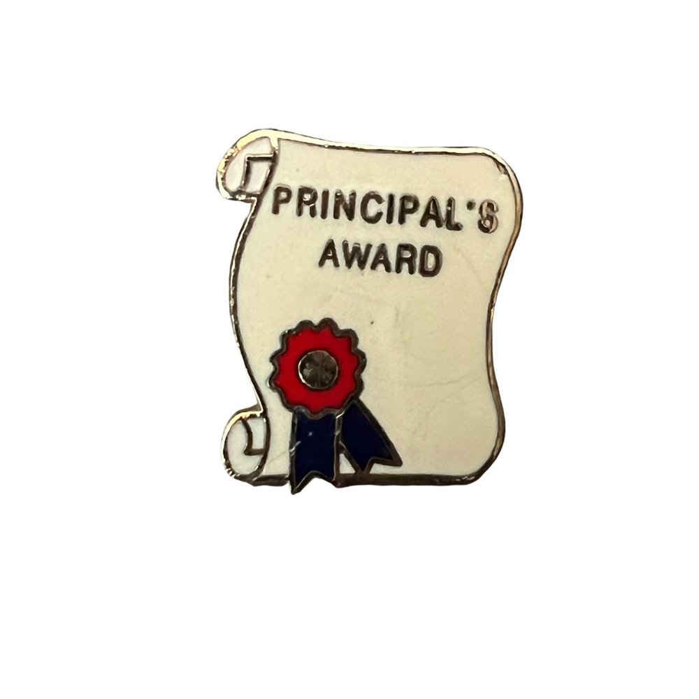 Principal's Award Pin Lapel Tie Hat White scroll ribbon academics